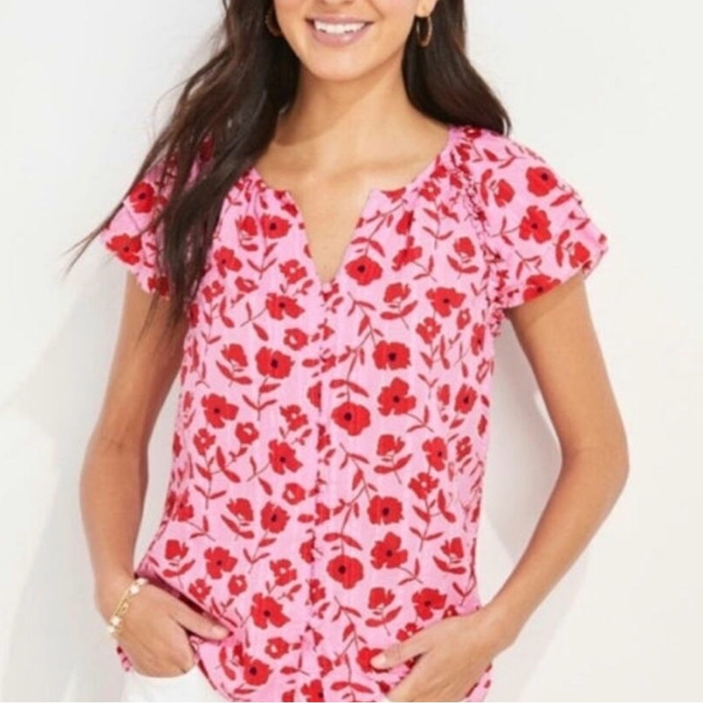 VINEYARD VINES rock rose floral ruffle top in tea rose size L